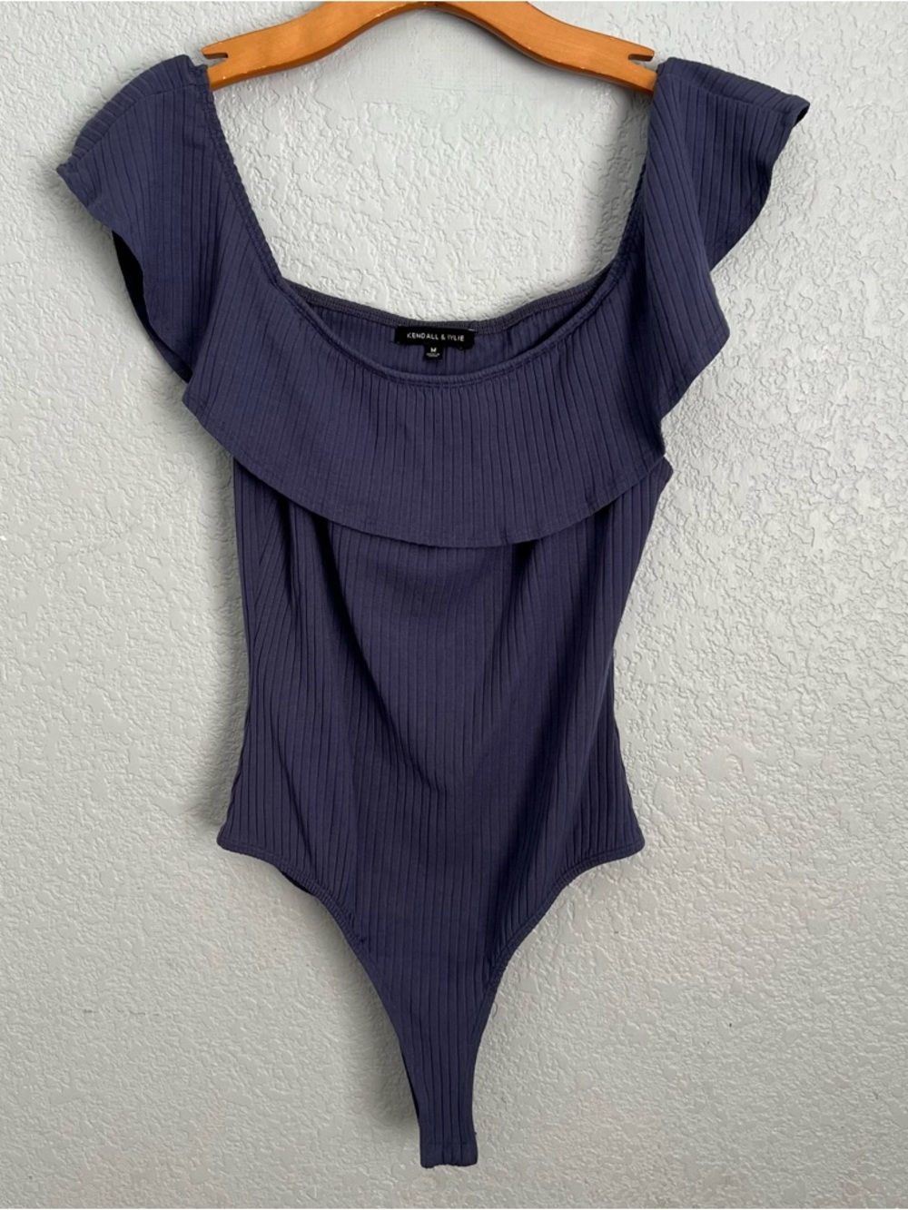 Kendall & Kylie Blue Ribbed Bodysuit Coquette Balletcore Off Shoulder Top M
